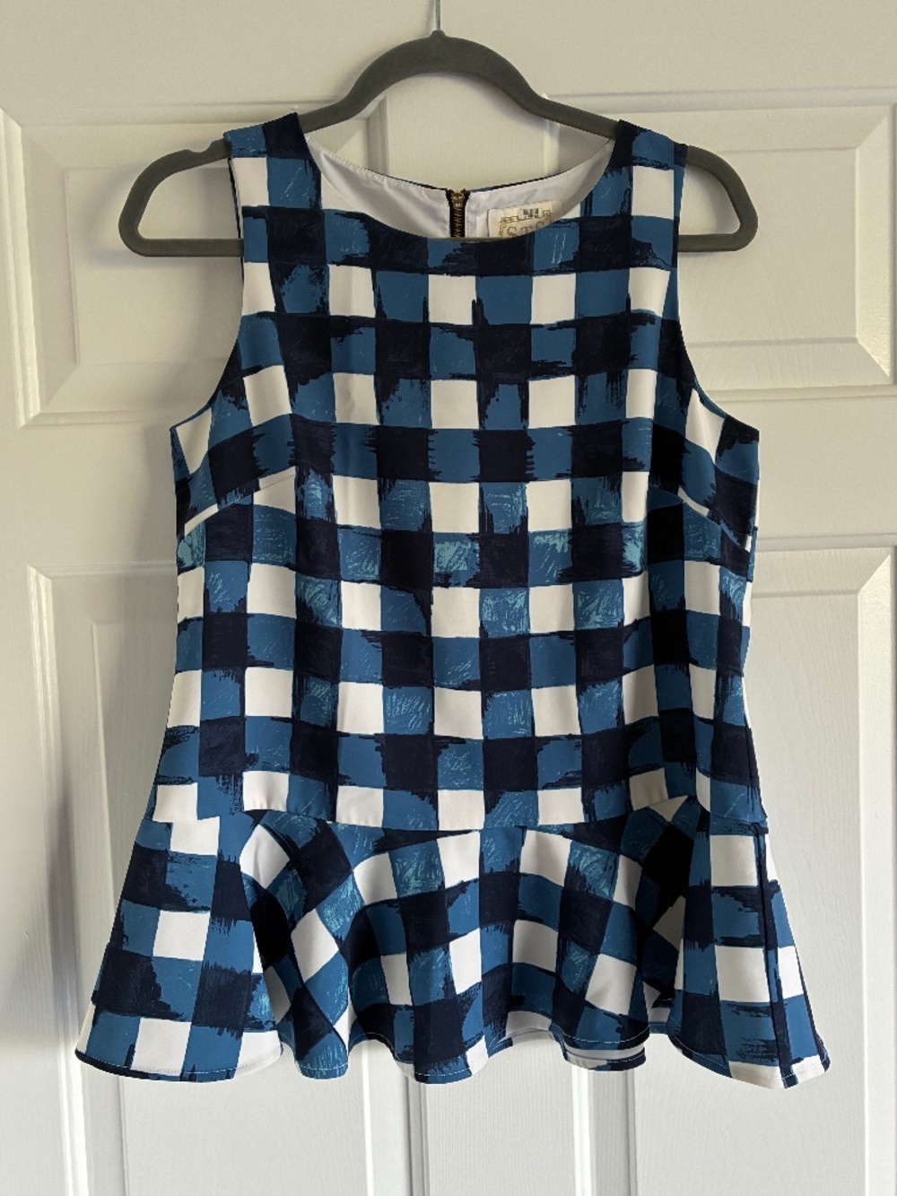 Sail to Sable preppy blue and white gingham sleeveless peplum shell top S